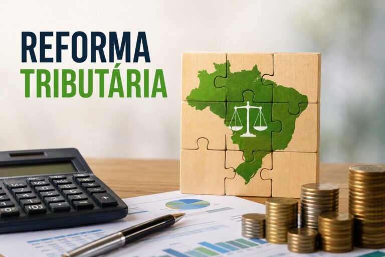 Ilustração com o texto Reforma Tributária sobre mapa do Brasil, ao lado de calculadora e documentos, imagem do post sobre o painel AvenpesBR em Cachoeiro de Itapemirim.