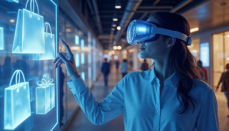 Mulher com óculos de realidade virtual toca uma vitrine digital com ícones de sacolas de compras e presente, em corredor de shopping